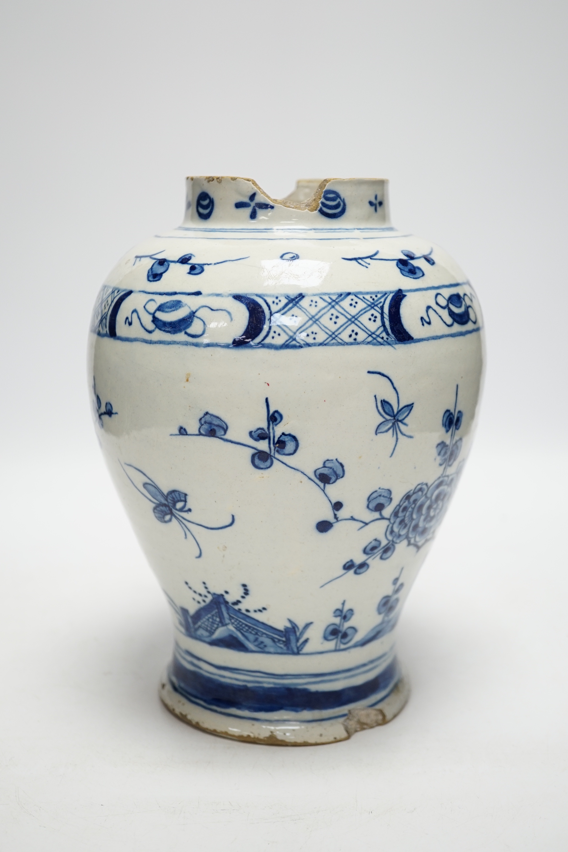 An 18th century Delft Chinese style vase, 23cm